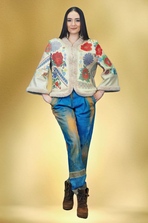 Pantaloni denim pictați și brodați S24