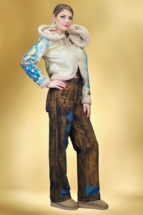 Pantaloni denim pictat și brodat S15