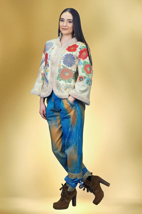 Pantaloni denim pictați și brodați S24