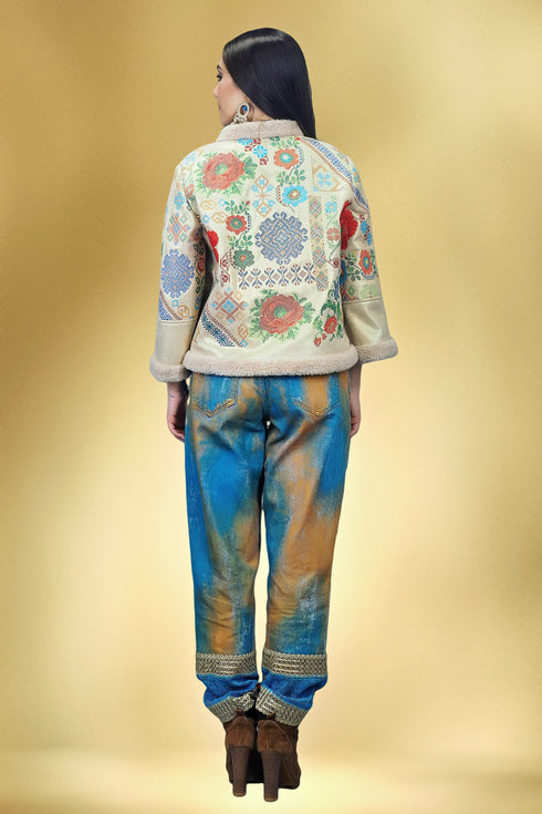 Pantaloni denim pictați și brodați S24