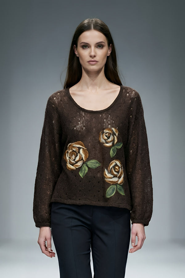 Bluză Tricot din Lână cu Flori Împâslite Manual LP162