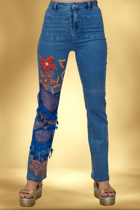 Pantalon denim cu aplicații handmade – CTN-59