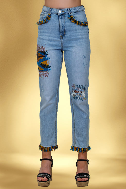 Pantalon denim cu aplicații lucrate manual – CTN-70