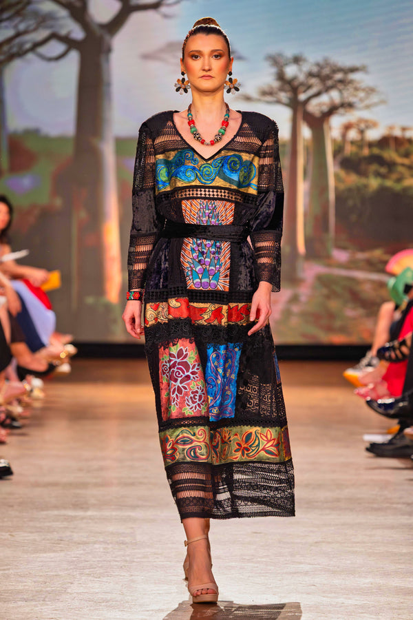 Rochie din catifea și dantelă pictată manual – CTN-73B