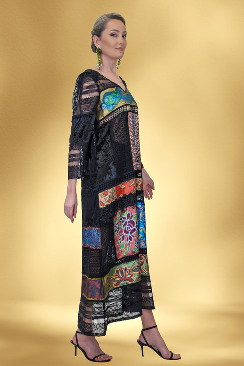 Rochie din catifea și dantelă pictată manual – CTN-73B