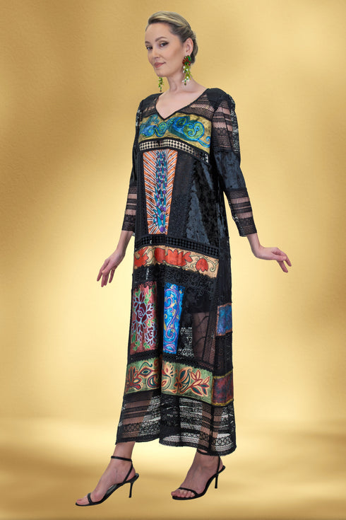 Rochie din catifea și dantelă pictată manual – CTN-73B