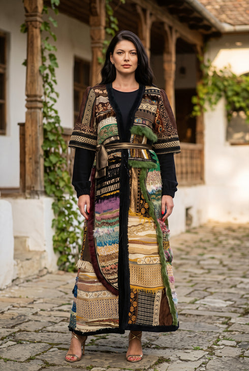Pardesiu lung tricotat manual multicolor cu blăniță verde și cordon de satin, Liza Panait Z001