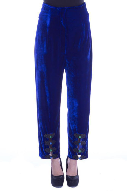 Pantaloni catifea albastra cu broderie Liza Panait Liza Panait Online Boutique