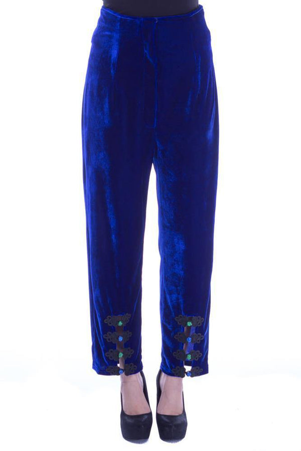 Pantaloni catifea albastra cu broderie Liza Panait Liza Panait Online Boutique