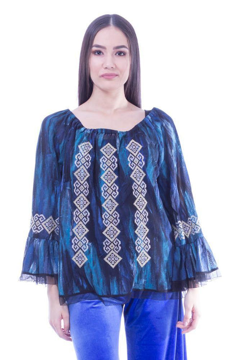 Bluza tul albastru cu broderie Liza Panait Liza Panait Online Boutique