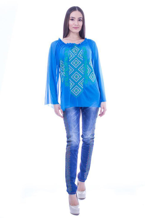 Bluza tul bleu cu broderie argintie Liza Panait Liza Panait Online Boutique