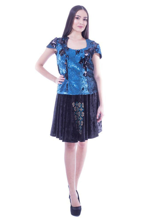 Bluza catifea albastra cu negru Liza Panait Liza Panait Online Boutique