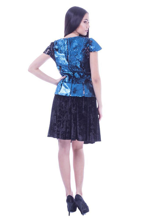 Bluza catifea albastra cu negru Liza Panait Liza Panait Online Boutique