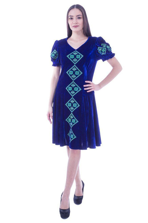 Rochie catifea albastra cu broderie Liza Panait Liza Panait Online Boutique