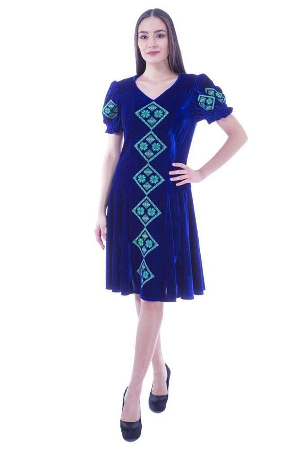 Rochie catifea albastra cu broderie  Liza Panait Liza Panait Online Boutique