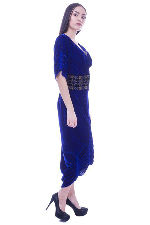 Rochie catifea albastra cu cordon Liza Panait Liza Panait Online Boutique