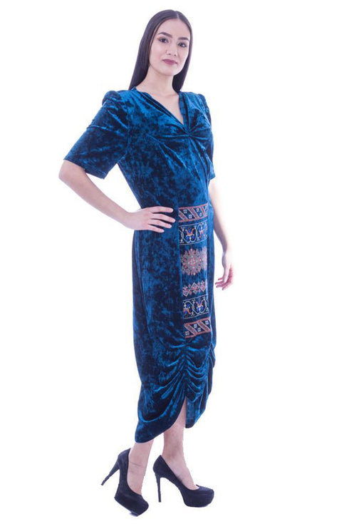 Rochie catifea turcoaz cu broderie Liza Panait Liza Panait Online Boutique