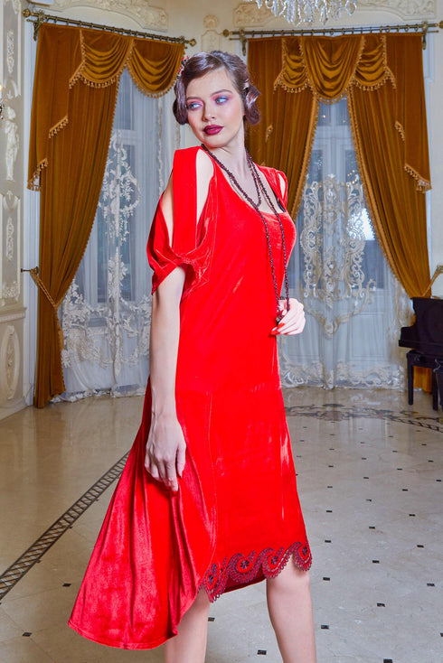 Rochie catifea rosie brodata Liza Panait Liza Panait Online Boutique