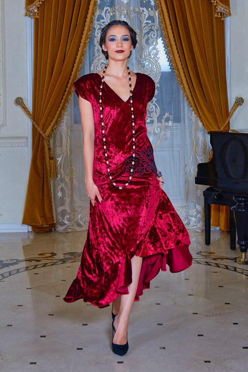 Rochie catifea rosie brodata Liza Panait Liza Panait Online Boutique