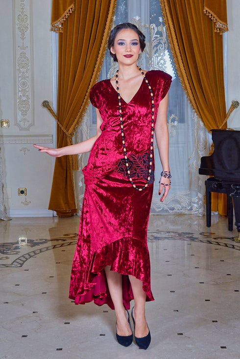 Rochie catifea rosie brodata Liza Panait Liza Panait Online Boutique