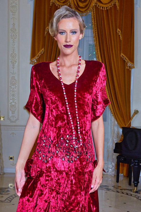 Rochie catifea rosie brodata Liza Panait Liza Panait Online Boutique