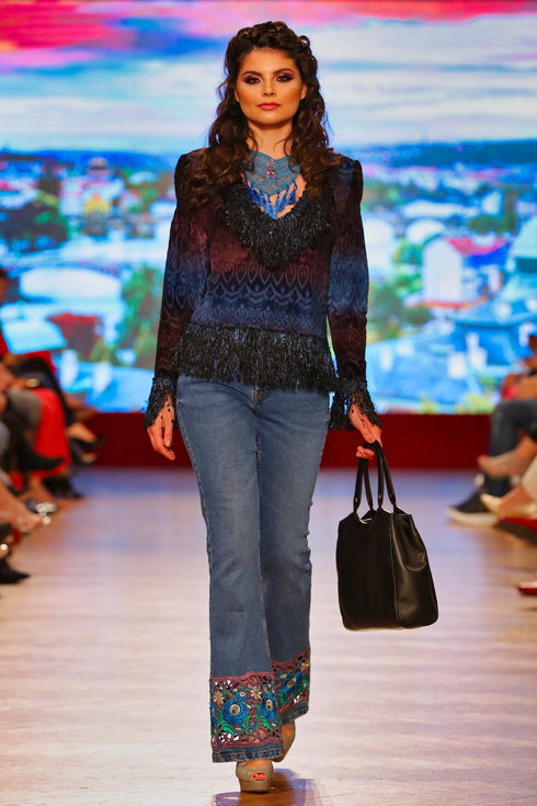 Pantalon denim cu broderie I-55