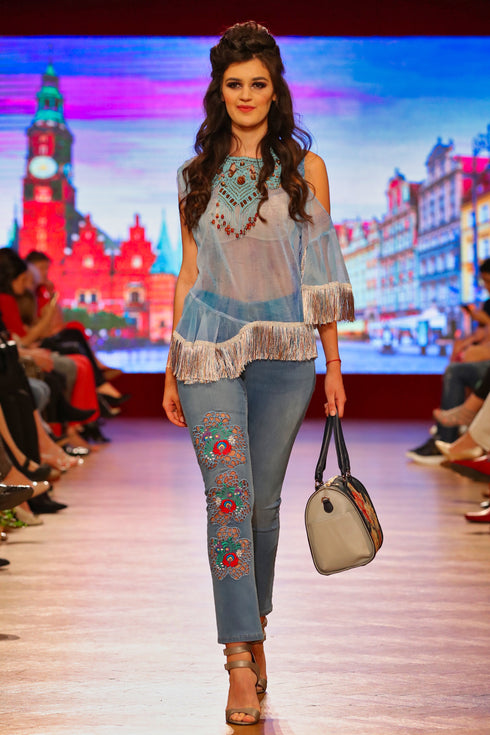 Pantalon denim cu broderie I-40