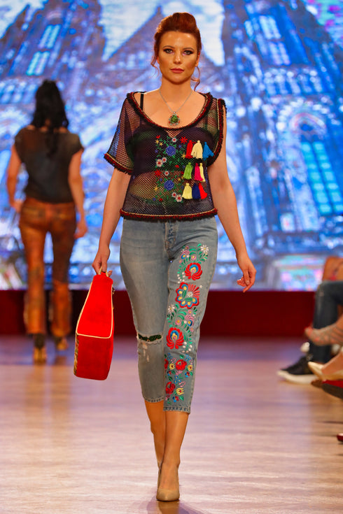 Pantaloni denim cu broderie I-53