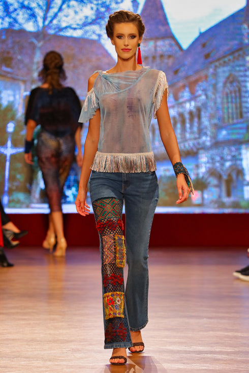 Pantalon denim albastru cu broderie I-44