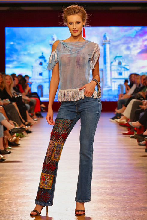 Pantalon denim albastru cu broderie I-44