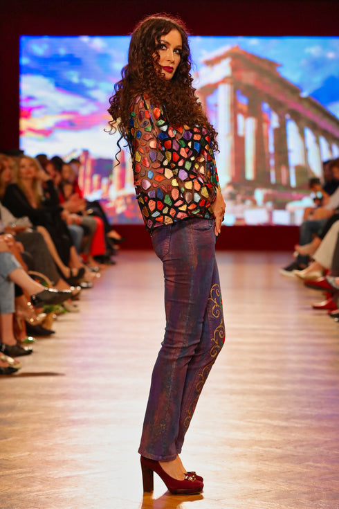 Pantalon denim cu broderie I-81