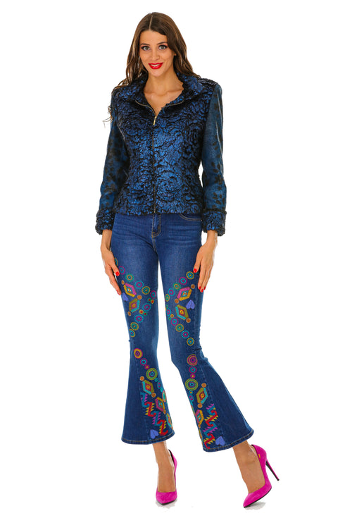 Pantalon denim cu broderie multicolora M-94b