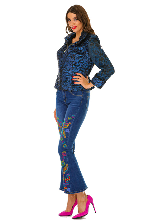 Pantalon denim cu broderie multicolora M-94b