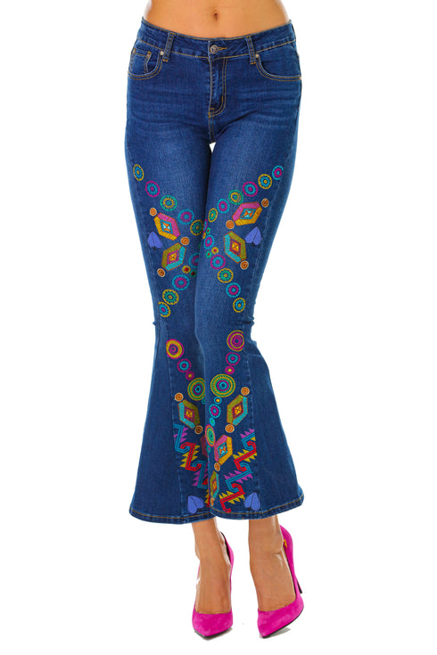 Pantalon denim cu broderie multicolora M-94b