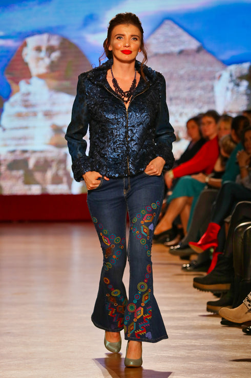 Pantalon denim cu broderie multicolora M-94b