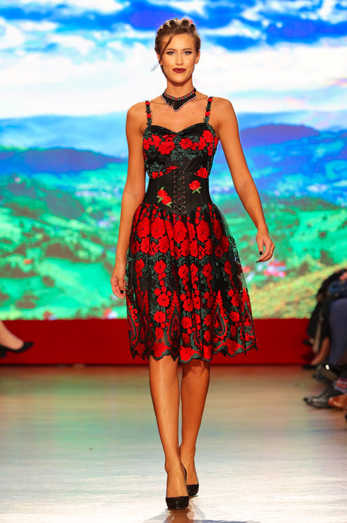 Rochie dantela neagra cu flori P-22