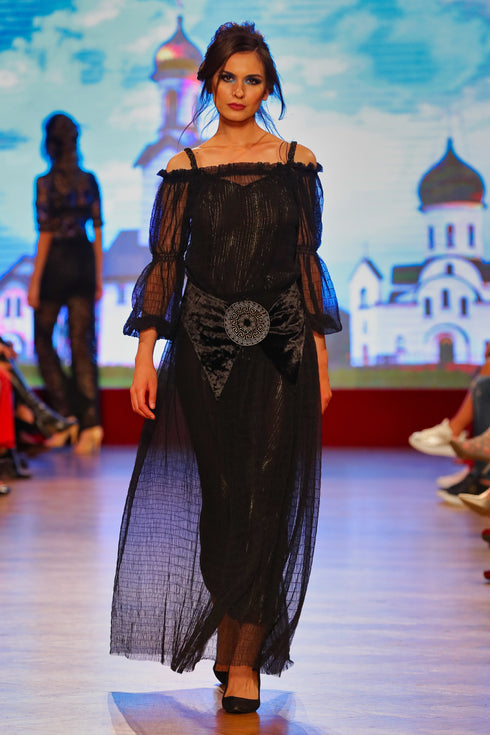 Rochie voal negru cu cordon I-87