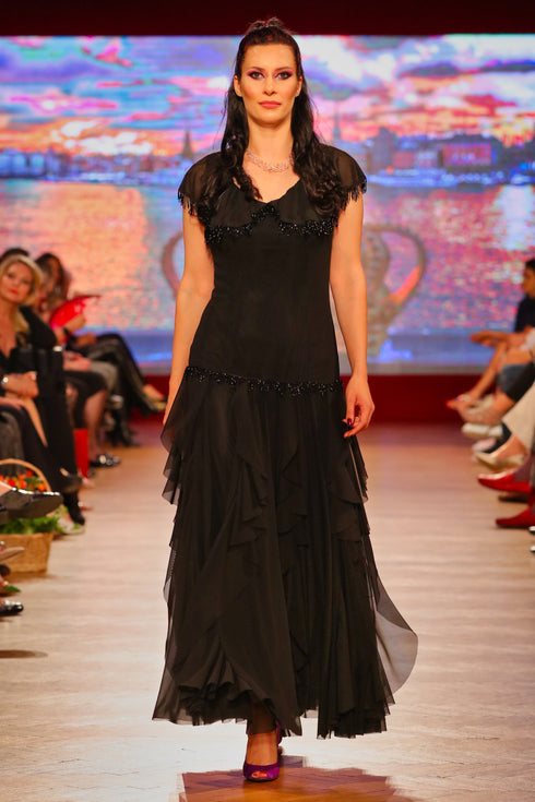 Rochie tul negru cu franjuri I-110