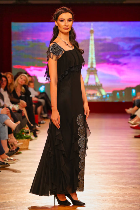 Rochie tul negru cu broderie I-109