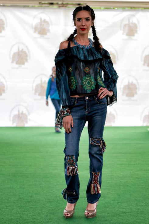 Pantalon denim cu aplicatii Liza Panait Liza Panait Online Boutique