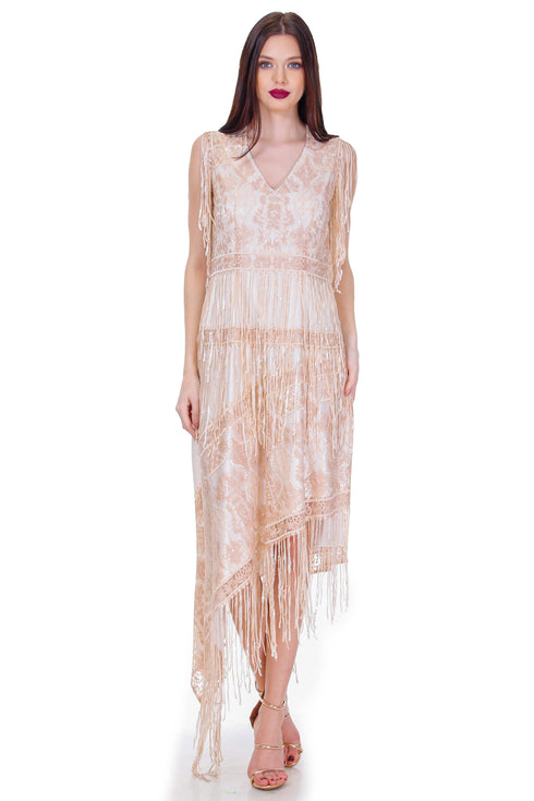 Rochie tull bej cu broderie si franjuri Liza Panait Liza Panait Online Boutique