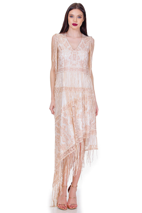 Rochie tull bej cu broderie si franjuri Liza Panait Liza Panait Online Boutique