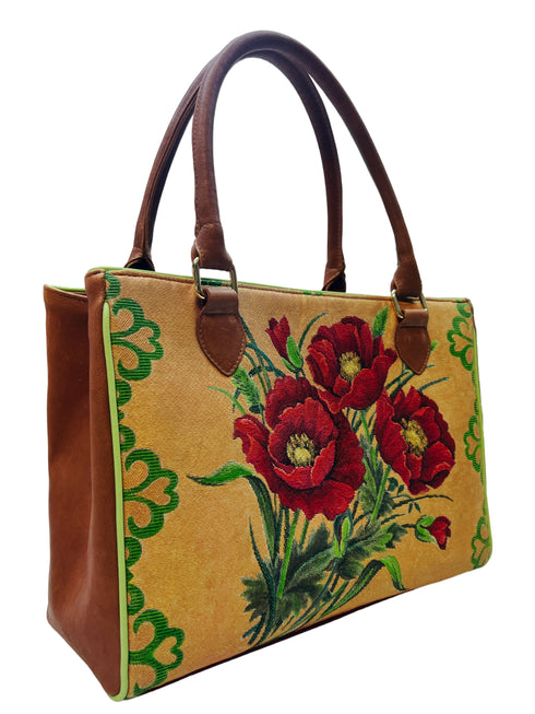 Poseta piele si material textil pictat manual G3000