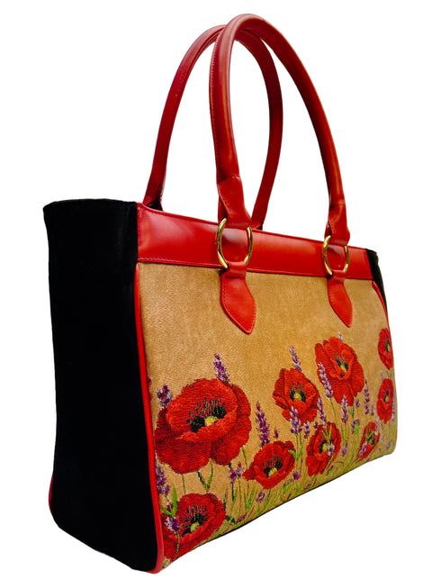 Poseta piele si material textil pictat manual 3665A