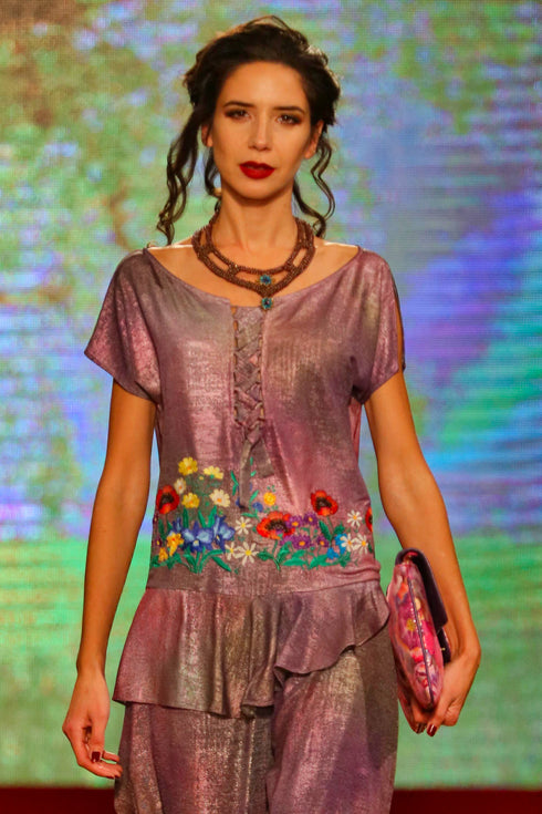 Bluza jerse pictat manual cu broderie multicolora AN-29