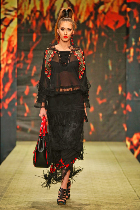 Fusta tull dantela si franjuri V386