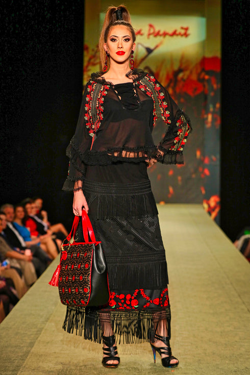 Fusta tull dantela si franjuri V386