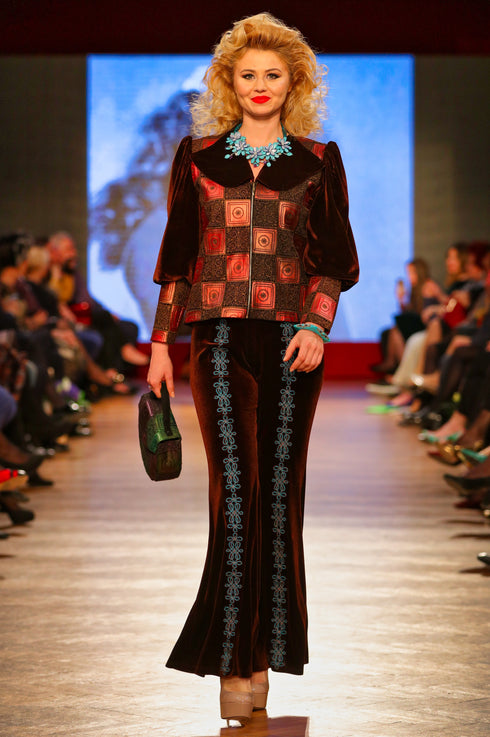 Pantalon catifea cu broderie T-3A