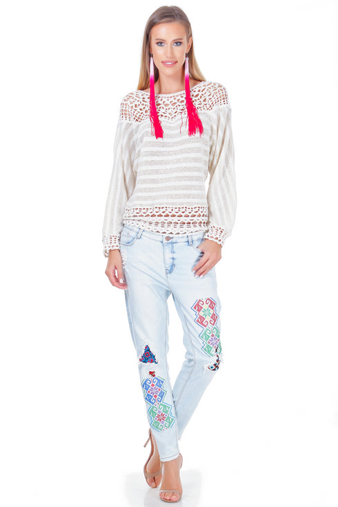 Pantalon denim cu broderie freeshipping - Liza Panait Online Boutique