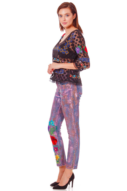 Pantalon denim impaslit cu flori P-12